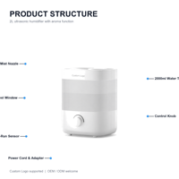 Humidificateur ultrasonique en plastique 2L, diffuseur d'arômes silencieux à nano-brume 2000ml avec protection contre la marche à sec pour usage domestique