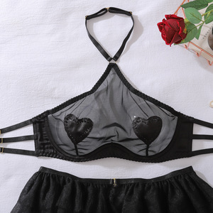 Ensemble de lingerie sexy pour femme, body noir en maille transparente, style corset, avec col, ceinture de jambe, boutons en dentelle et détails au crochet, effet amincissant léger et fin - Product Image 2