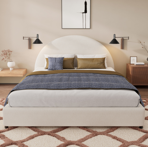 Blanco + Bouclé + Contrachapado + Tamaño Queen