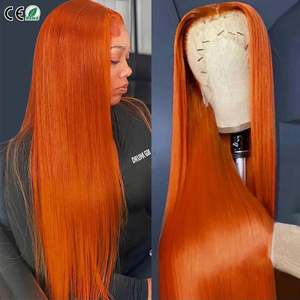 Peluca frontal de encaje 13x4 transparente sin pegamento, lisa, de cabello humano Remy brasileño 100% al por mayor, colección de colores naranja jengibre 350 - Product Image 5
