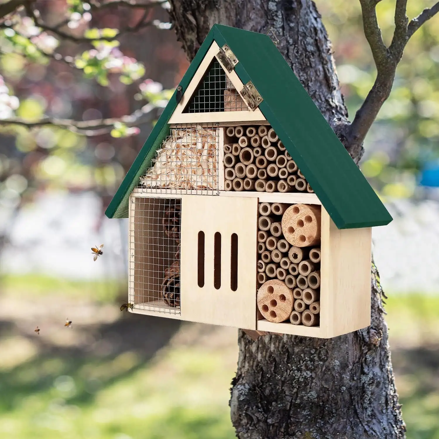 Casa de insectos colgante de 3 pisos para jardines, hotel de insectos de madera natural para abejas, mariposas, mariquitas