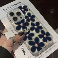 Coque de téléphone tendance motif fleur bleue pour iPhone 16 15 17 Pro Max 14 13, coque simple brillante en fil plume IMD, protection arrière pour mobile