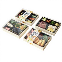 Boîte à bento japonaise haut de gamme jetable en bois biodégradable à cinq compartiments avec couvercle transparent noir pour usage professionnel