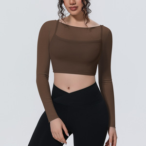 Tops cortos de malla para yoga para mujer, <span class=keywords><strong>camisa</strong></span> transparente de <span class=keywords><strong>manga</strong></span> <span class=keywords><strong>larga</strong></span>, de secado rápido y ajustada - Product Image 4
