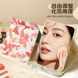 Folding <b>Makeup</b> Mirror Square Glass Lens Portable Desktop <b>Vanity</b> Mirror For Bedroom Dormitory Use Peony Red Pattern - Product Image 3
