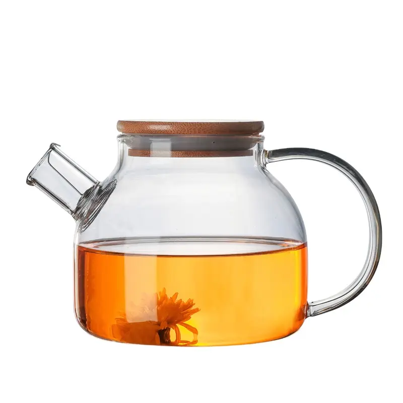 1000 ml factory Water Pitcher Glass jug teapot with bamboo lid with heater stand