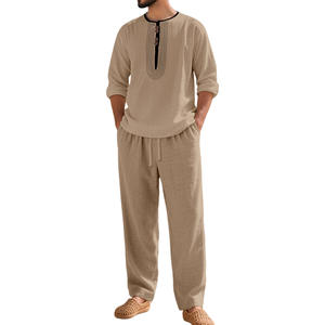 Ensemble décontracté en lin pour homme : chemise Henley à manches longues et pantalon ample bleu clair pour le quotidien, style plage estival - Product Image 3