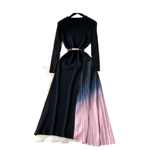 Vestidos Midi de Punto y Crochet para Mujer, Primavera/Otoño/Invierno, Casuales, con Parches, Degradado de Color, Manga Larga, Elegantes - Product Image 1