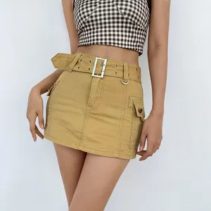 Cool Sexy Girls Wearing Mini Skirt Cargo Denim Skirt For Women With Waist Belt Pockets