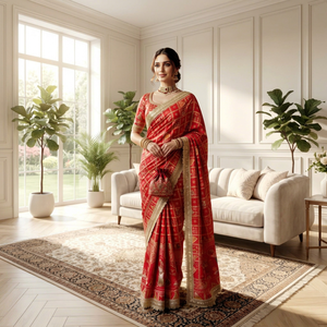 Sari Elegante de Diseño Bollywood Indio-Pakistaní, Saree Étnico Chic Rojo de Tela de Seda Dola Suave, Exclusivo y Moderno de Boutique India Nx - Product Image 1