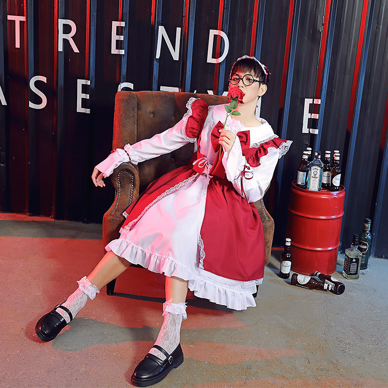 男性女性メイド衣装アニメセクシーな黒白赤エプロンドレス甘い