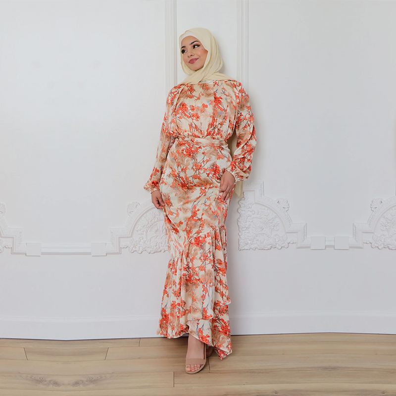 Vêtements islamiques à fleurs imprimées Robe de Ramadan Robe maxi à manches longues Robe abaya florale pour femmes musulmanes