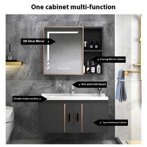 Mueble de baño de aluminio de espacio inteligente Simple y moderno, lavabo de inodoro integrado con tablero de <span class=keywords><strong>roca</strong></span> con <span class=keywords><strong>espejo</strong></span> LED de lavabo de cerámica - Product Image 5