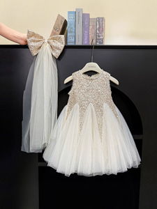 Princess Style Summer Sleeveless Sequined Bowknot <strong>Dress</strong> for <strong>Kids</strong> Girls' O-Neck Opaque Tulle Birthday Party Wear Pearls - Product Image 5