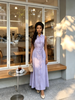 Robe longue décontractée pour femme, style simple, sans manches, col chemise, rayures sauge, boutonnée, ceinture, coupe trapèze, collection 2026, vente en gros