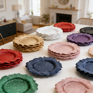 Assiettes de présentation élégantes en plastique rouge et or, motif récif, 33 cm, pour dîners, mariages et fêtes, vente en gros, commande minimum 100 pièces - Product Image 1