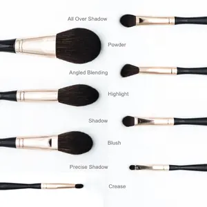 8-teiliges luxuriöses roségold-makeup-pinsel-set mit braunem gemischten haar und schwarzem holzgriff individuelles logo für pulver-grundierungs-schatten