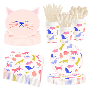 Ensemble de vaisselle pour fête d'anniversaire sur le thème du chat rose mignon DAMAI, comprenant des assiettes et des gobelets en papier avec modèle de chat pour la décoration de table de fête pour chats - Product Image 5