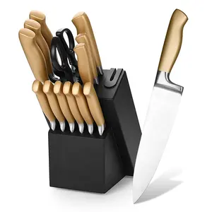 14 PCS Good Balance Gold Stainless Steel Handle Chef Knives Kitchen Knife Block Set With Wood Knife Block