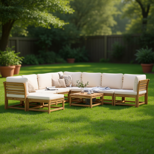 Ensemble de salon de jardin en teck finition huile blanche crème, 6 places, mobilier d'extérieur, design contemporain - Product Image 2