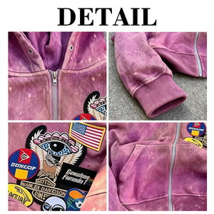 Nouvelle Veste Sweat à Capuche Zippée Style Urbain Personnalisée, Coupe Ample, Patchwork, Broderie, Effet Usé et Délavé à l'Acide - Product Image 6