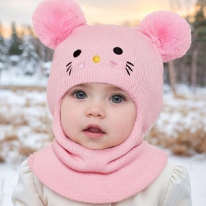 Bonnet d'hiver pour tout-petits, écharpe, cagoule, <span class=keywords><strong>masque</strong></span> de <span class=keywords><strong>ski</strong></span>, bonnet tricoté à capuche, col protecteur pour le cou avec pompon pour enfants - Product Image 3
