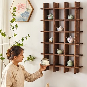 Étagère murale en bois massif multi-niveaux pour tasses à thé, support pour service à thé, pour salon - Product Image 2