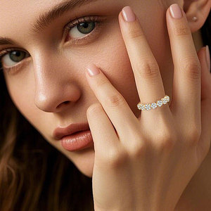 Anillo de Media Eternidad con Flores de Moissanita Redonda de 0.65CT, 1.6mm y 1.5mm, Plata 925, Siete Flores Pequeñas, Exquisito Anillo de Media Hora - Product Image 2