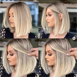 วิกผมสั้นสำหรับผู้หญิง <span class=keywords><strong>ทรง</strong></span>บ๊อบแสกกลาง สีน้ำตาลทองไล่เฉด ความยาวปานกลาง วิกผมสังเคราะห์แบบเต็มศีรษะ ไม่มีเชือกผูก - Product Image 3