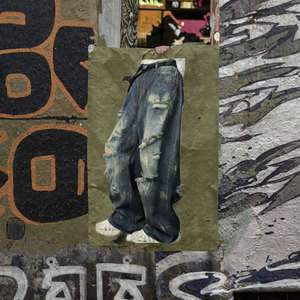 Pantalones Vaqueros Anchos Rotos para Hombre, Cintura Media, Lavados, con Bordes Deshilachados, Estilo Urbano - Product Image 3
