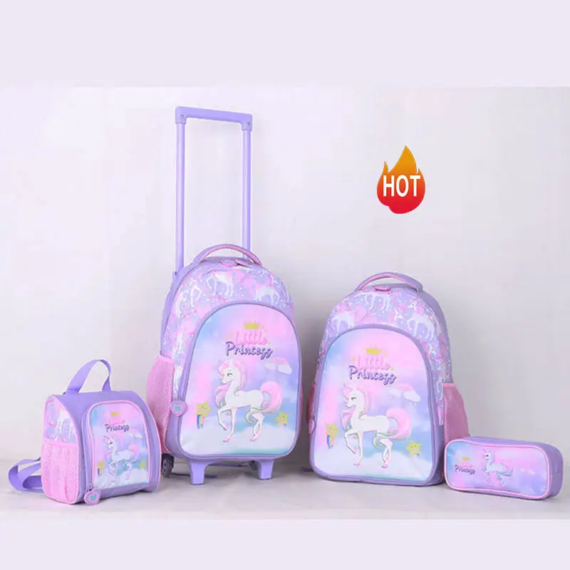 2024 nueva impresión de dibujos animados Trolley Backpack School Kids School Bag Set con ruedas Kid School Trolley Bag para niños y niñas