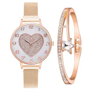 2 개/대 럭셔리 브랜드 여성 시계 사랑 자석 버클 패션 캐주얼 여성 손목 시계 로마 숫자 간단한 팔찌