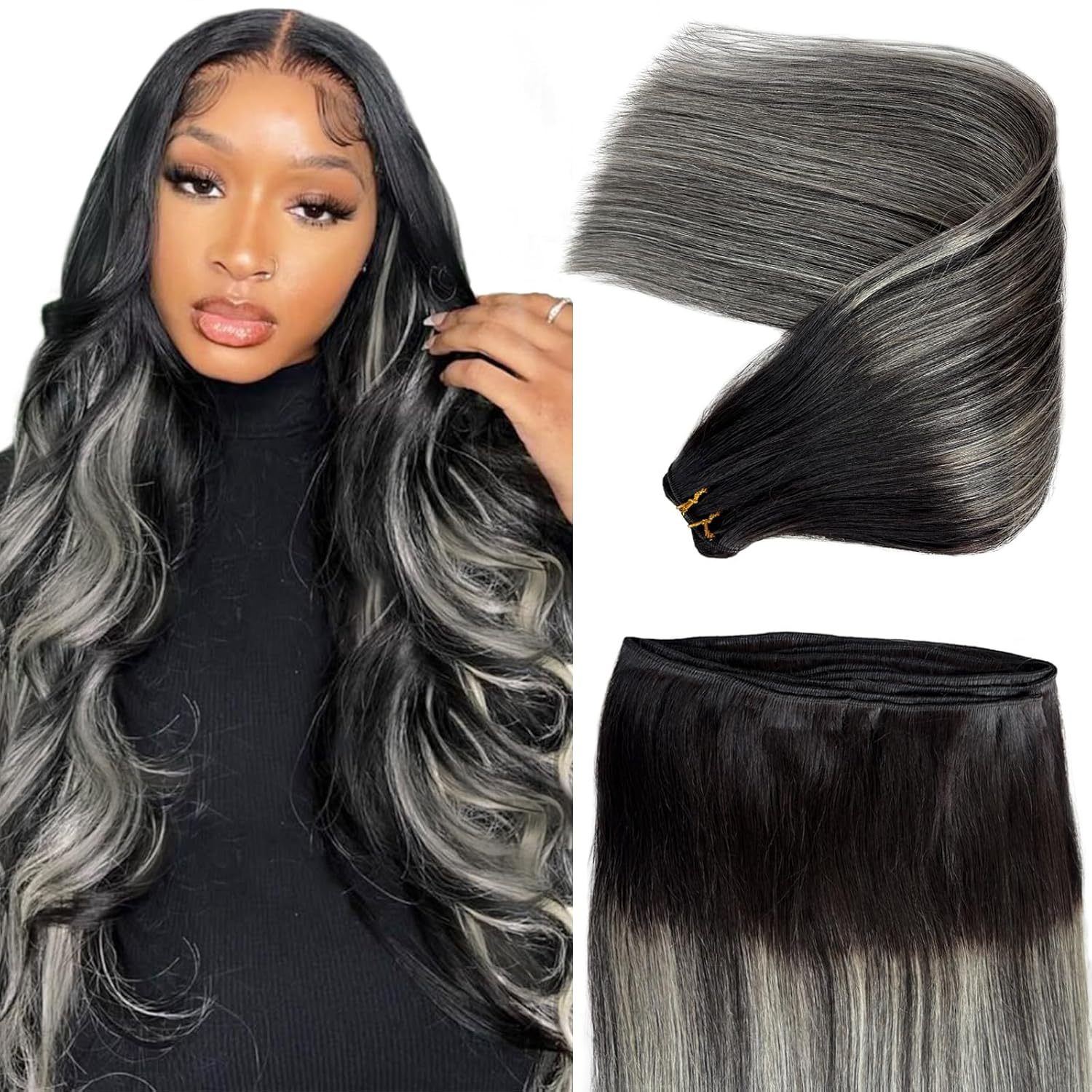 1b black to silver grey balayage weft
