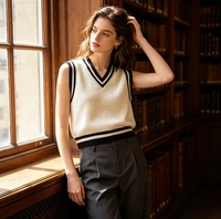 Gilet en tricot rayé style preppy pour femme, col en V sans manches, gilet épais en tricot, haut décontracté à superposer pour l'automne et l'hiver