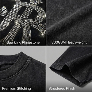 T-shirt Oversize da Uomo in Cotone 100% 300GSM Pesante con Logo Personalizzato, Vestibilità Boxy, Strass e Lavaggio Acido <span class=keywords><strong>Vintage</strong></span> per <span class=keywords><strong>Streetwear</strong></span> - Product Image 3