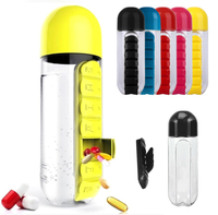 MEMOSAN 600ML Bouteille d'eau de voyage en plastique avec compartiment à pilules quotidien, double gobelet et rangement pour médicaments
