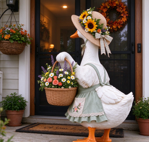 Statue de canard de jardin avec chapeau de paille et panier de fleurs, décoration de porche de ferme, ornement de bienvenue pour pelouse extérieure - Product Image 3