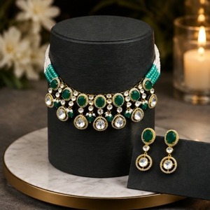 Elegant 925 <b>Silver</b> Necklace and Earrings Set with Green and White Beads Traditional Indian Bridal Jewelry for Women - Product Image 1