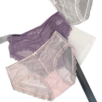 Pakaian Dalam Wanita Berbahan Mesh, Bernapas, Lembut, Berenda, Pinggang Rendah, Motif Bunga, ODM, Sensasi Seksi, Aksen Pita, Bikini Ungu
