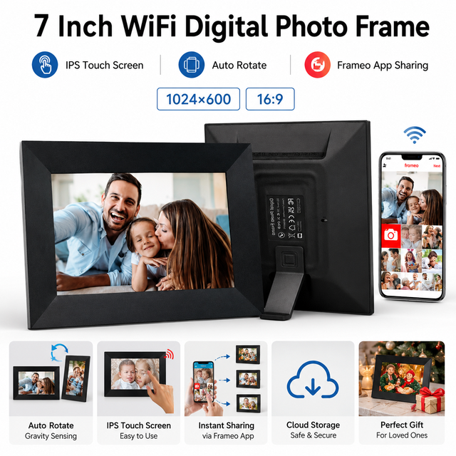 7 Inch WiFi Digital Photo Frame IPS Touch Screen Cloud Photo Frame with Frameo App Auto Rotate 1024x600