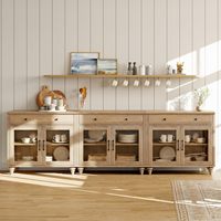 Buffet en chêne WAMAPT 102 pouces, 6 portes vitrées et 3 tiroirs, grand meuble de rangement en bois pour salle à manger et salon.