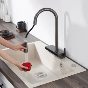 Su düşme modu ile üç yolu çekin mutfak dokunun Gun Metal paslanmaz çelik 304 mutfak mikseri sıcaklık monitör ile musluklar