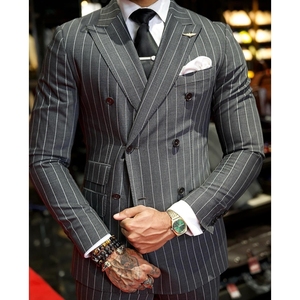 Abiti da <span class=keywords><strong>uomo</strong></span> grigi a righe sottili, <span class=keywords><strong>doppiopetto</strong></span>, slim fit, 2 pezzi, per ballo di fine anno, blazer e pantaloni, casual, abbigliamento maschile - Product Image 2