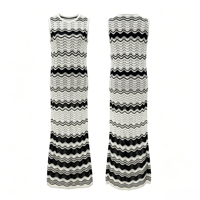 Robe longue en maille pour femme, style Missoni, motif zigzag noir et blanc, rayures ondulées, sans manches, col rond, maille pointelle, coupe moulante