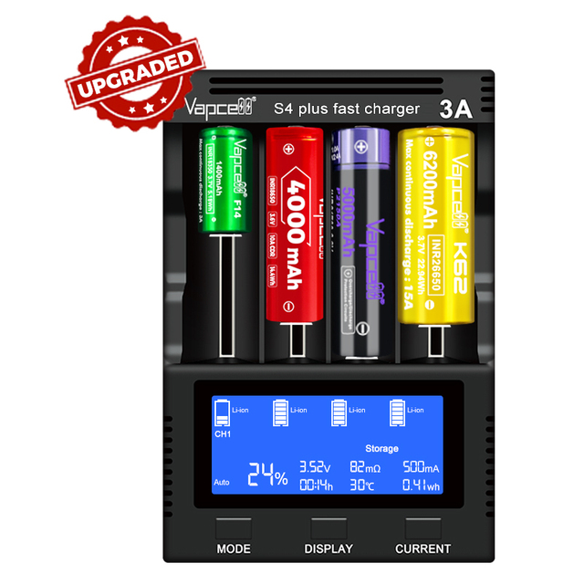 Vapcell S4 Plus 4 Slots Rechargeable Lithium ion Battery Charger Smart Fast Charger for Li-ion Batteries 18650 21700 32700 26650