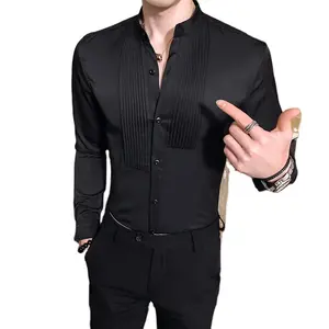 Mannen Tuxedo Shirts Front Geplooide Kleine Stand Kraag Solid Lange Mouwen Blouse Mannelijke Gentleman Party Trouwjurk