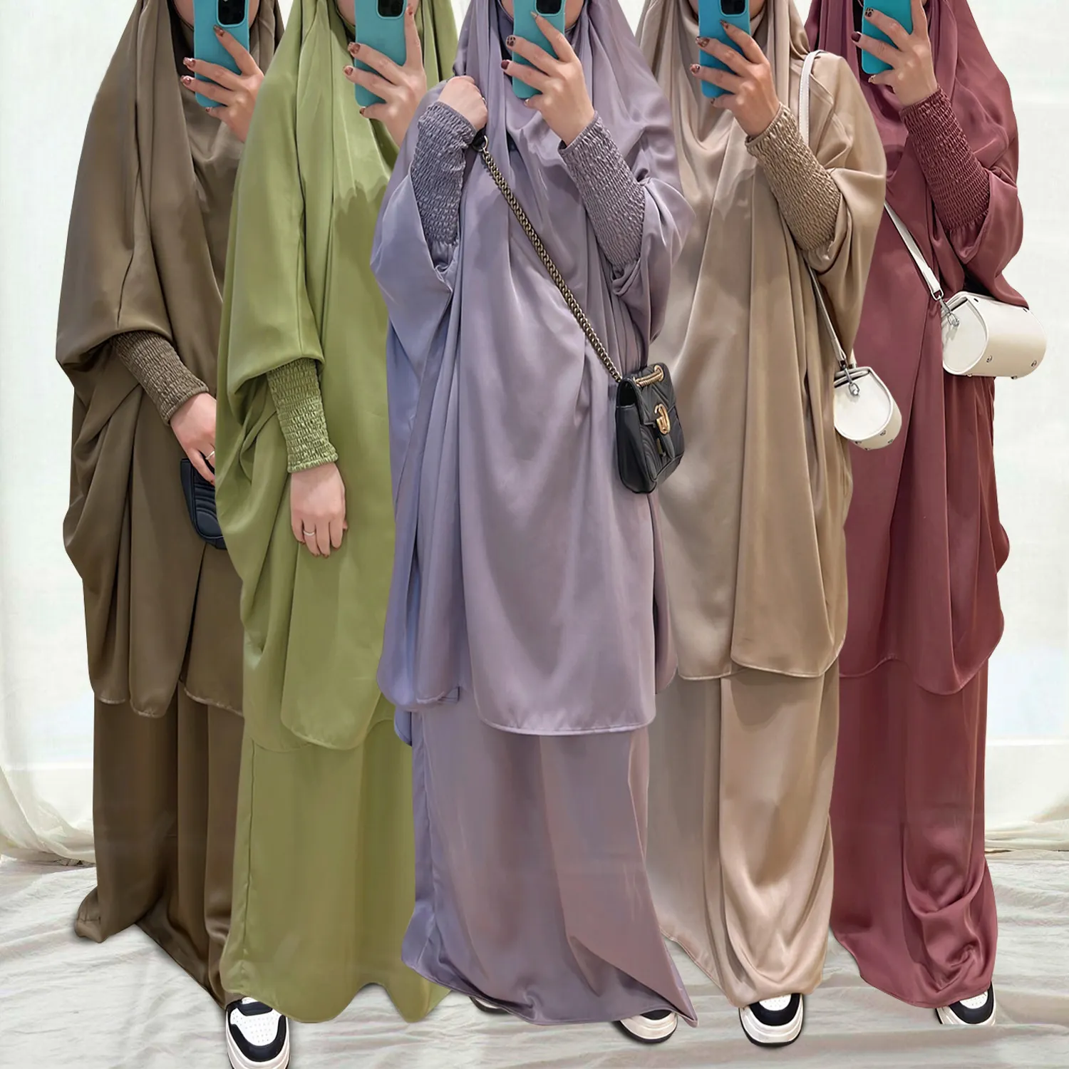 Fabrikant Groothandel Custom Polyester Chiffon Lange Mouw Indonesische Moslim Jurk Islamitische Top Set Plus Rok Tweedelig