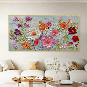 Spring Bouquet Panoramic Impasto <b>Painting</b> of Colorful Flowers Textured Floral <b>Framed</b> Wall Art <b>for</b> Living Room Bedroom Decoration - Product Image 4