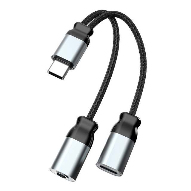 2-in-1 Type-C to 3.5mm Audio Adapter Cable Charging and Listening Earphones One-to-Two Splitter Power Cables