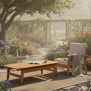 Table basse Cocoon pour l'extérieur, en teck moderne, artisanat durable, résistant aux intempéries, améliorant le confort, utilisation en cour - Product Image 5